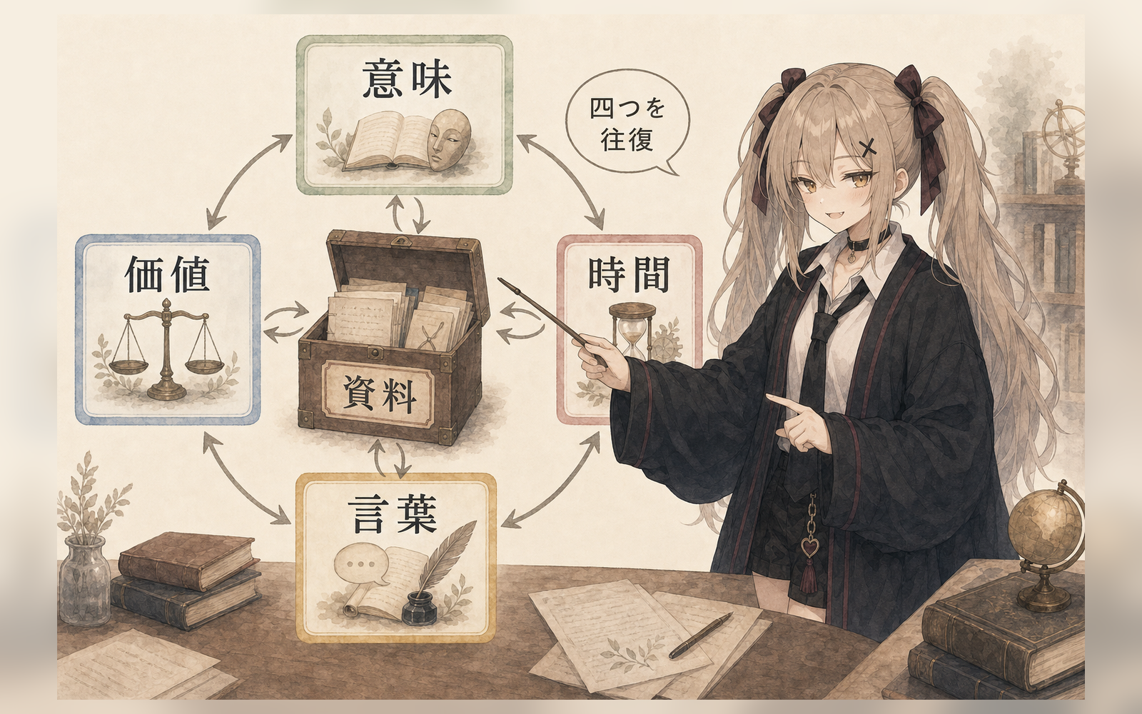 人文学の入口は、意味・時間・言葉・価値の四つを往復しながら資料を読むことにある。