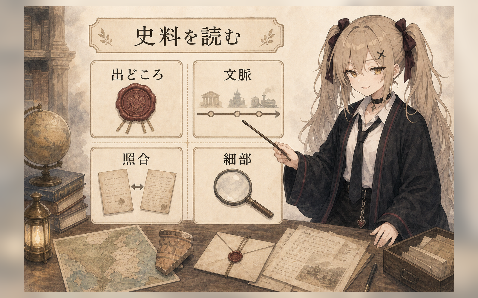 歴史の読解では、出どころ、文脈、照合、近接読解を組み合わせて過去への説明を作る。