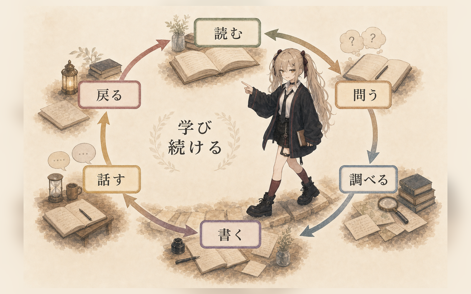 人文学の学習は、読む、調べる、問う、書く、戻るという反復で深くなる。