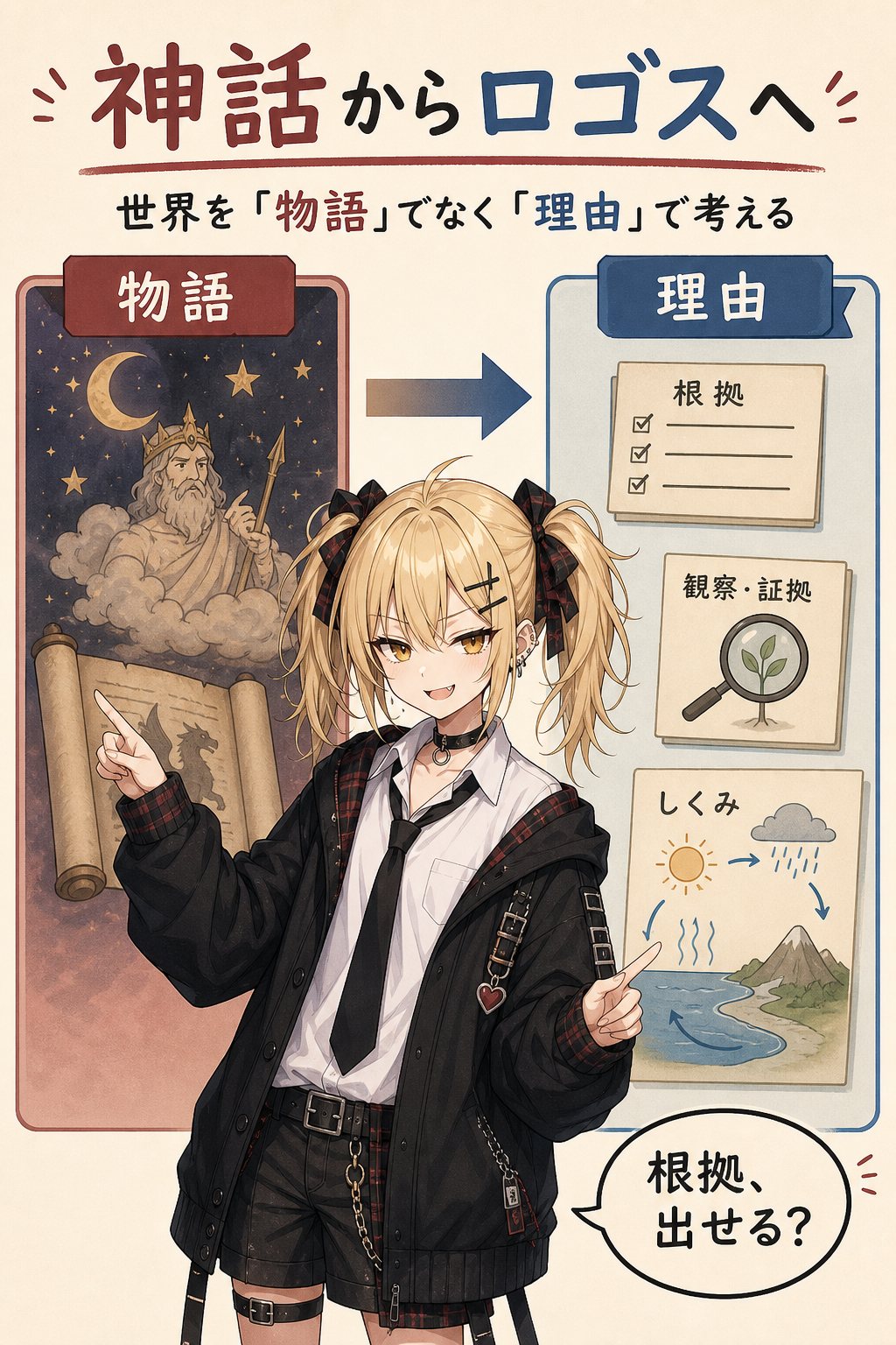 神話からロゴスへ。説明の仕方が「物語」から「理由と根拠」へずれる。