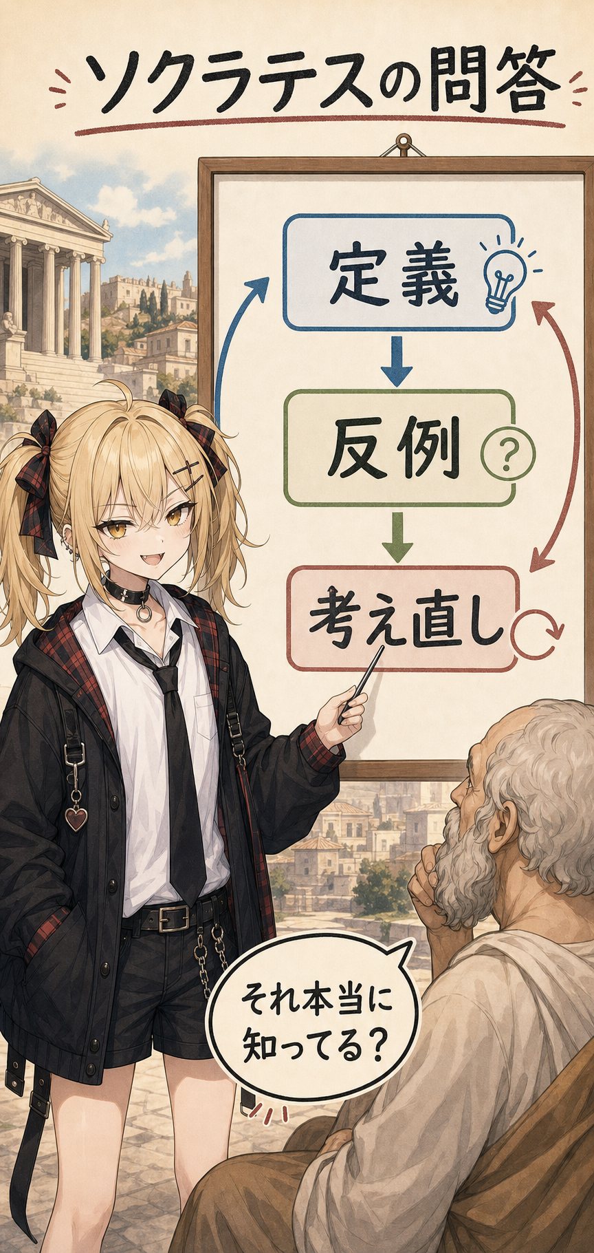 ソクラテスの問答。定義を出し、反例にぶつけ、考え直す。