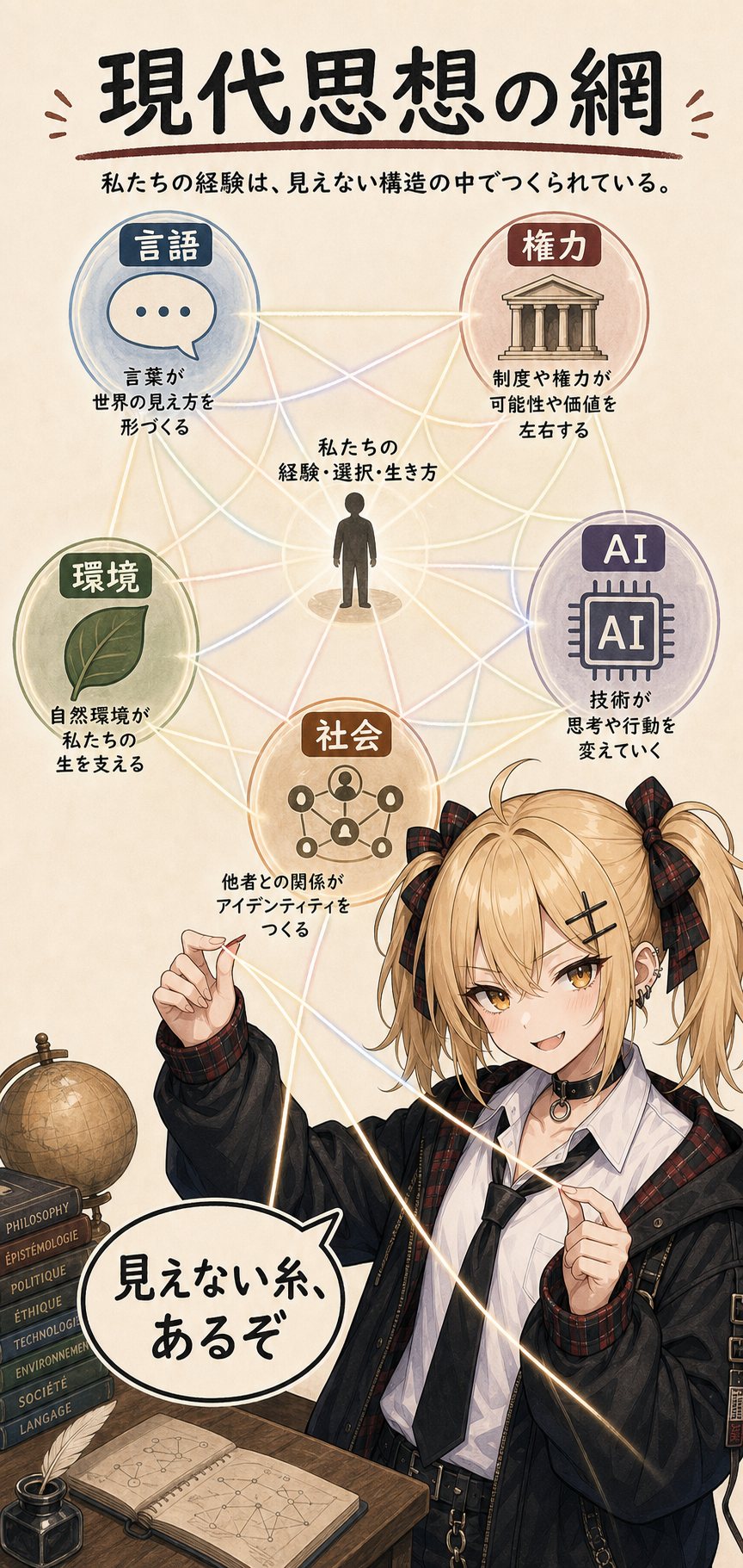 現代思想の網。言語・権力・AI・環境・社会が経験を形づくる。